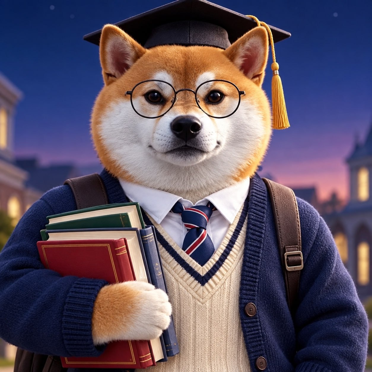 StudentInu, a Shiba Inu student wearing glasses and a graduation cap